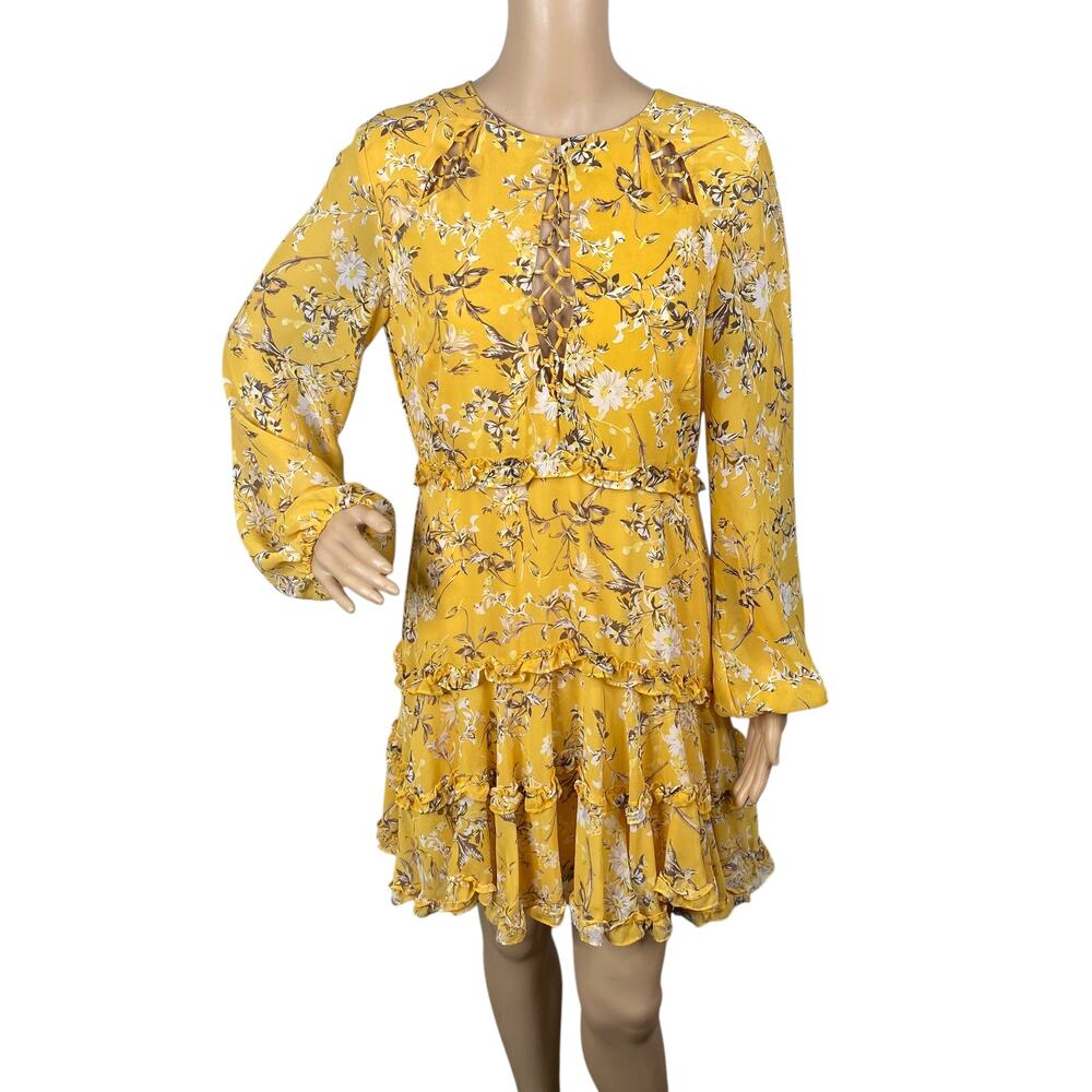 Bardot Floral Puff Sleeve Mini Dress 8 Lace-Up Cut-Out Tiered Ruffle Prairie